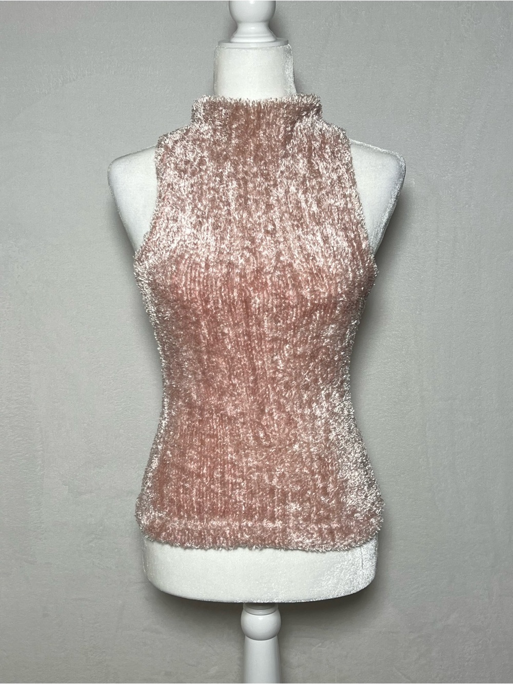RAVE CITY Pink Fuzzy Velvet Faux-Fur Sleeveless High Neck Top - size S